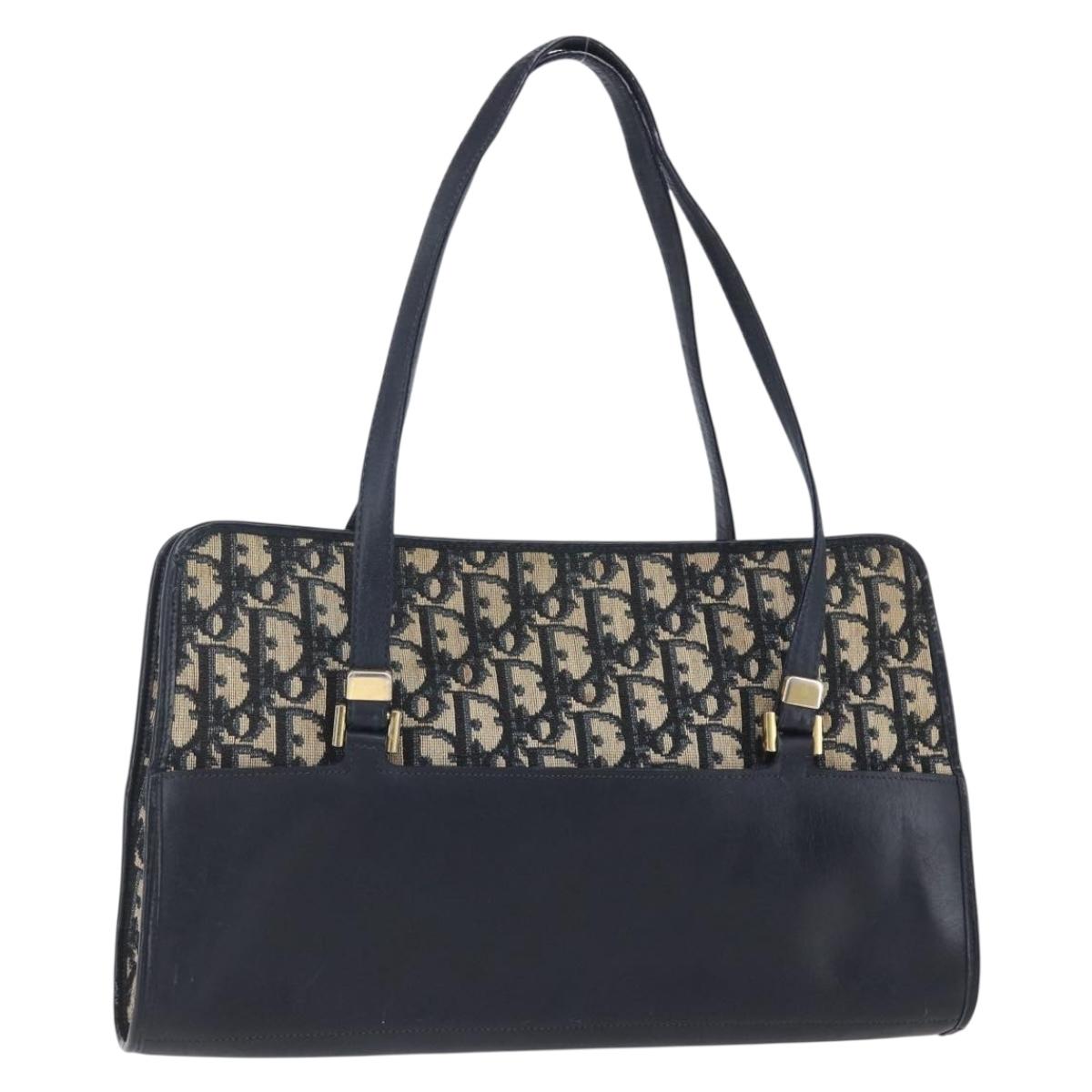Christian Dior Trotter Canvas Hand Bag Navy Gold Auth 154735
