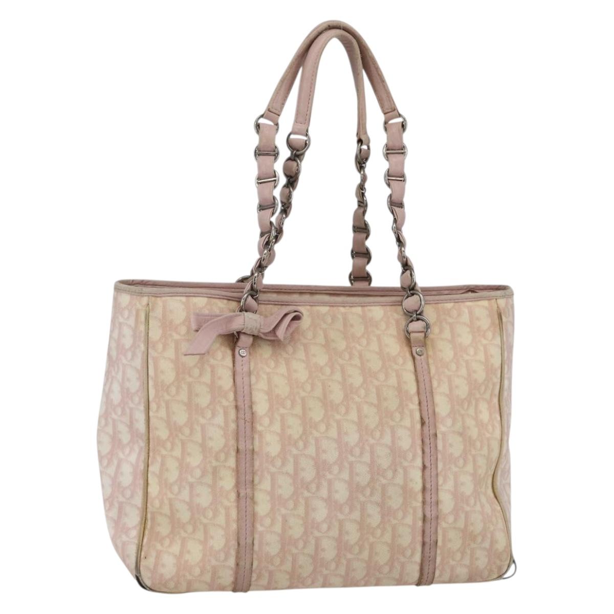Christian Dior Trotter Canvas Romantic Chain Bag PVC Pink Silver Auth 154738
