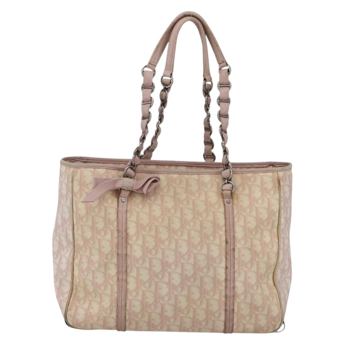 Christian Dior Trotter Canvas Romantic Chain Bag PVC Pink Silver Auth 154738