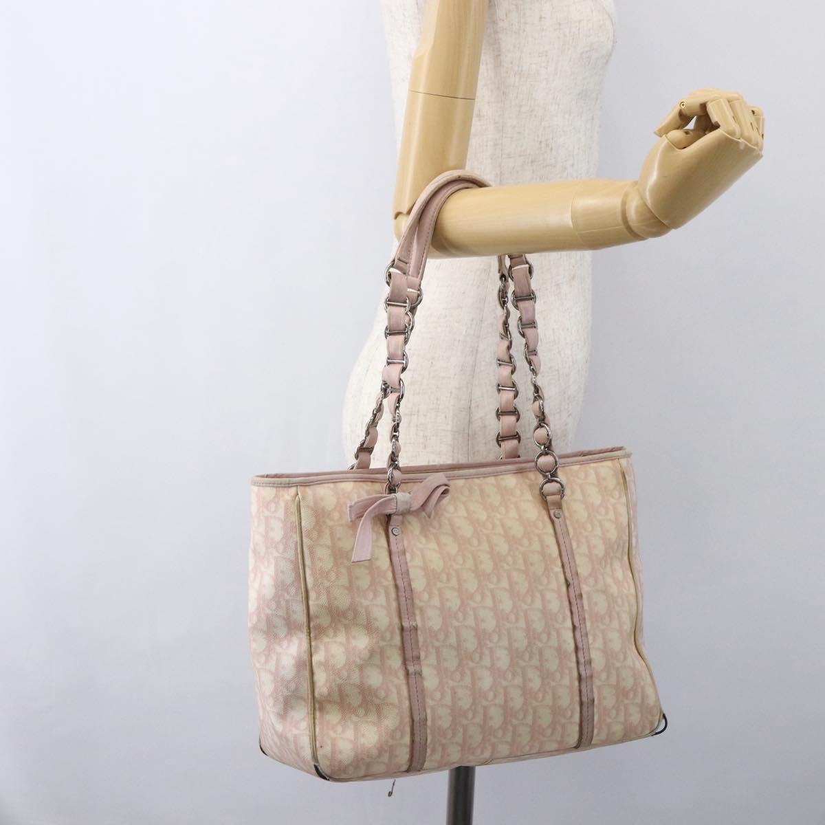 Christian Dior Trotter Canvas Romantic Chain Bag PVC Pink Silver Auth 154738
