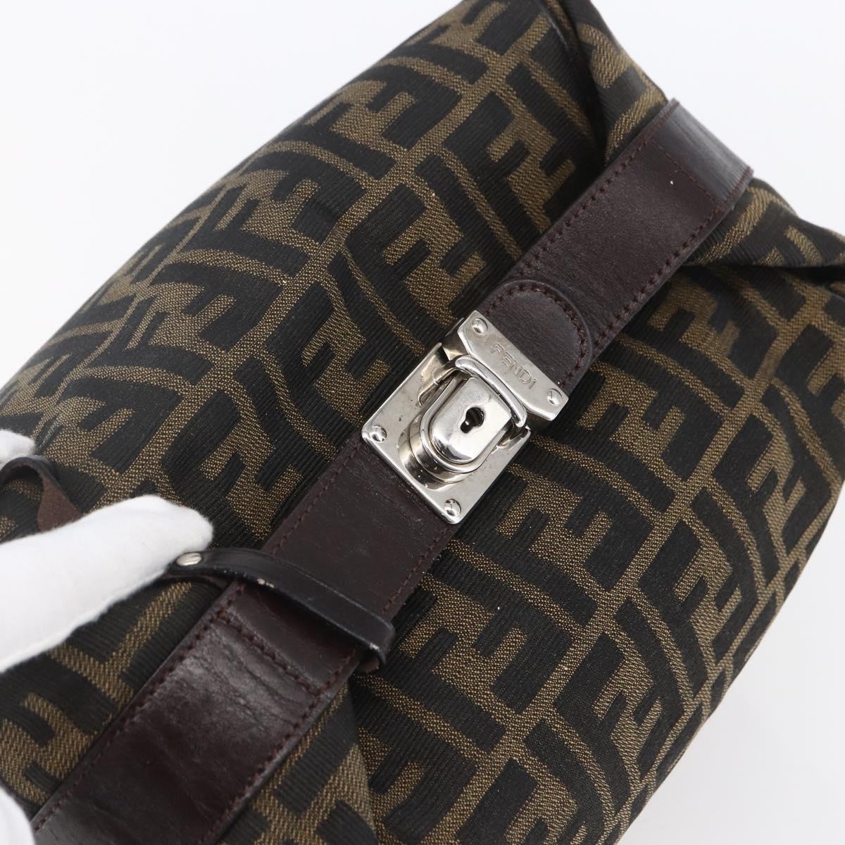 FENDI Zucca Canvas Vanity Hand Bag Black Brown gold Auth 154740
