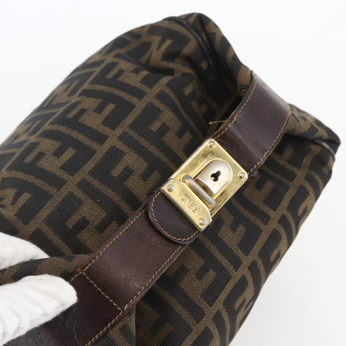 FENDI Zucca Canvas Vanity Hand Bag Black Brown gold Auth 154743