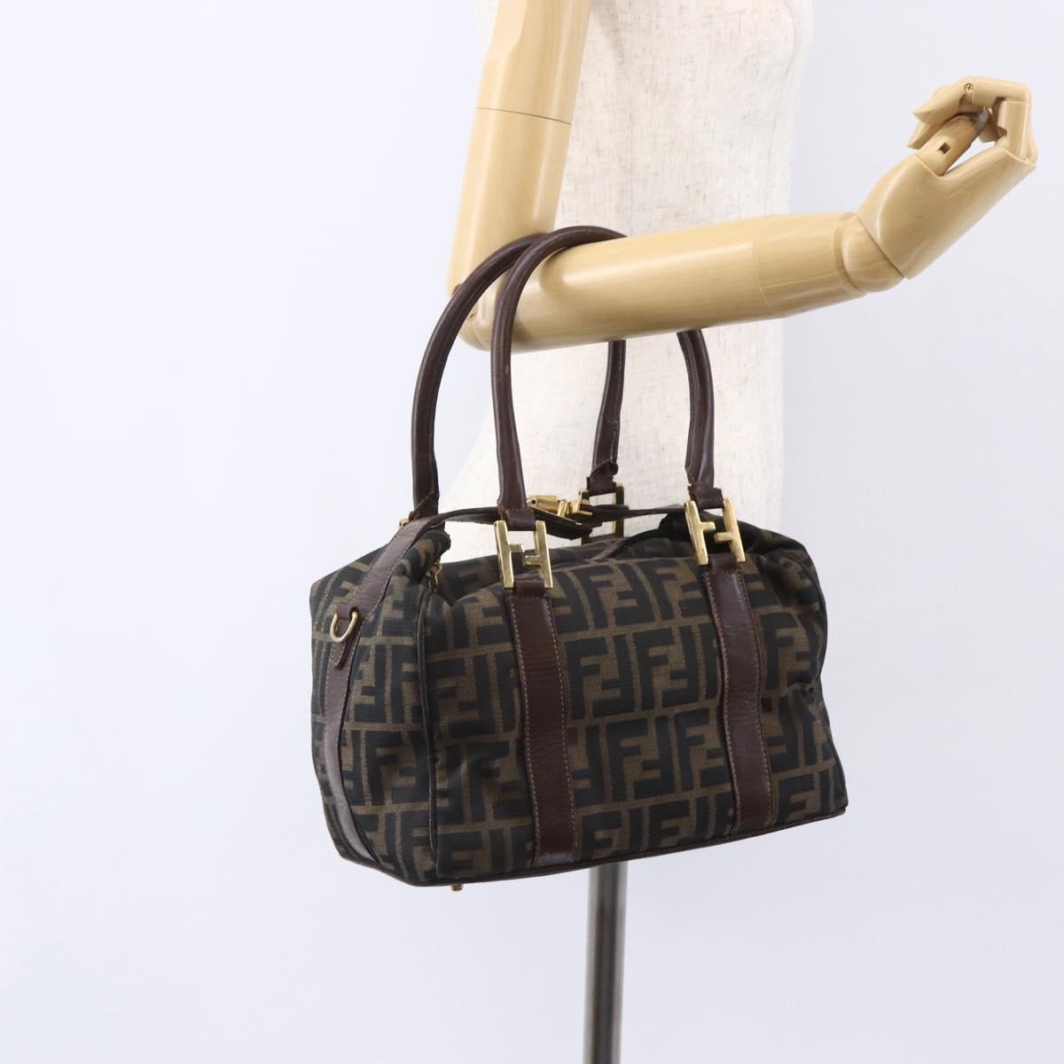 FENDI Zucca Canvas Vanity Hand Bag Black Brown gold Auth 154745