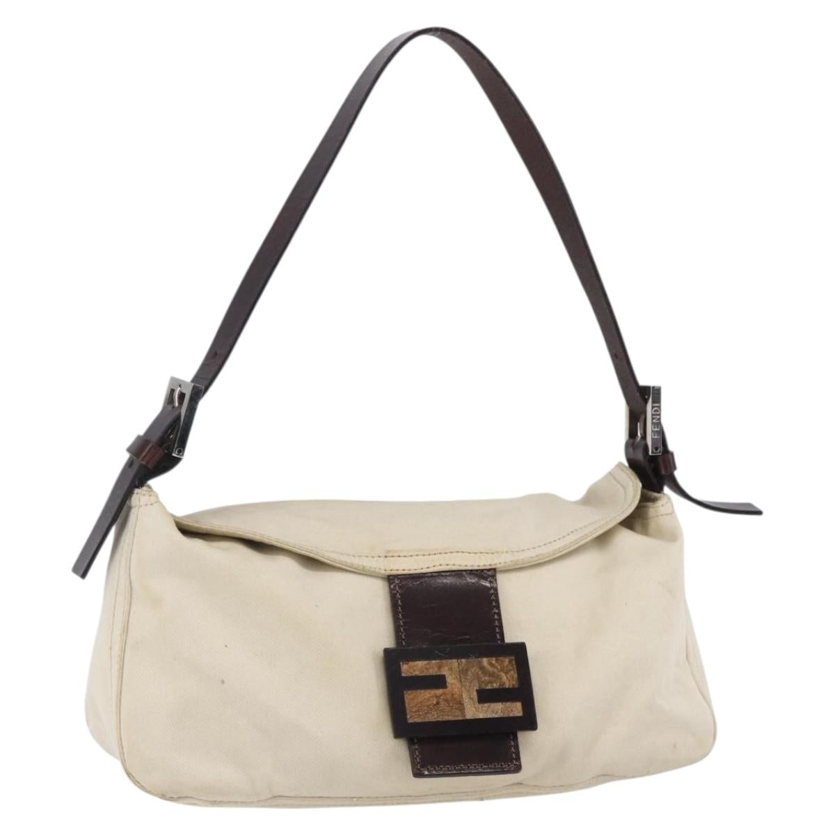 FENDI Mamma Baguette Shoulder Bag Canvas Leather Beige Silver Auth 154747