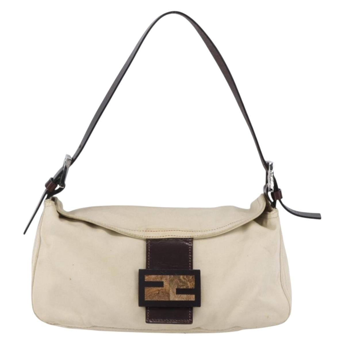 FENDI Mamma Baguette Shoulder Bag Canvas Leather Beige Silver Auth 154747