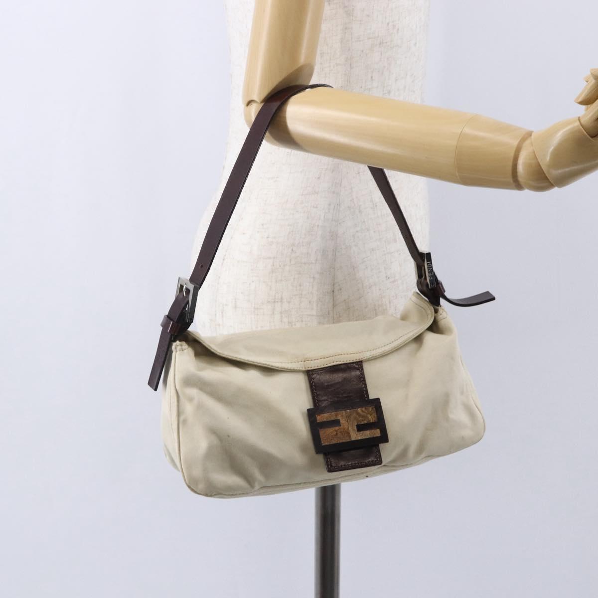 FENDI Mamma Baguette Shoulder Bag Canvas Leather Beige Silver Auth 154747