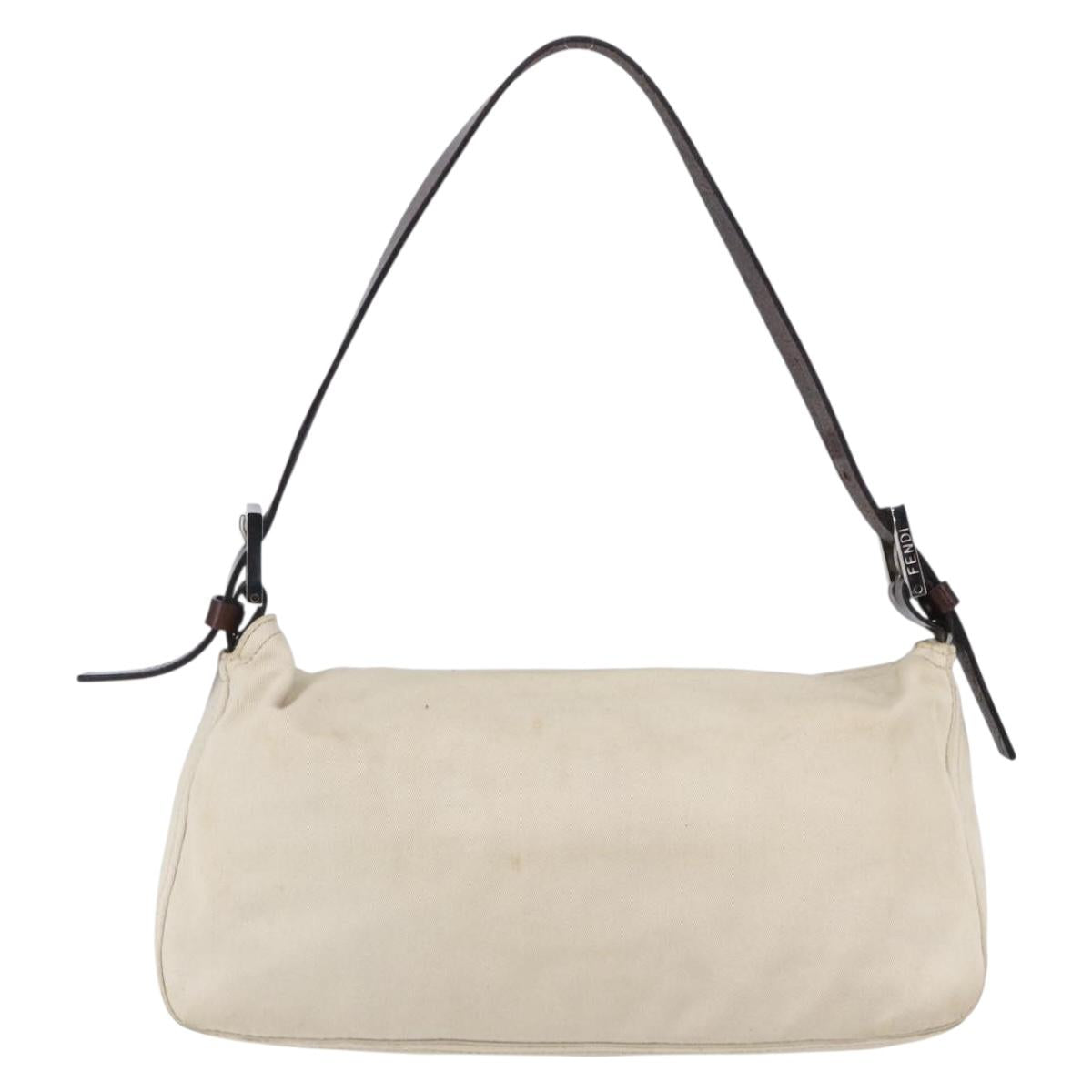 FENDI Mamma Baguette Shoulder Bag Canvas Leather Beige Silver Auth 154747