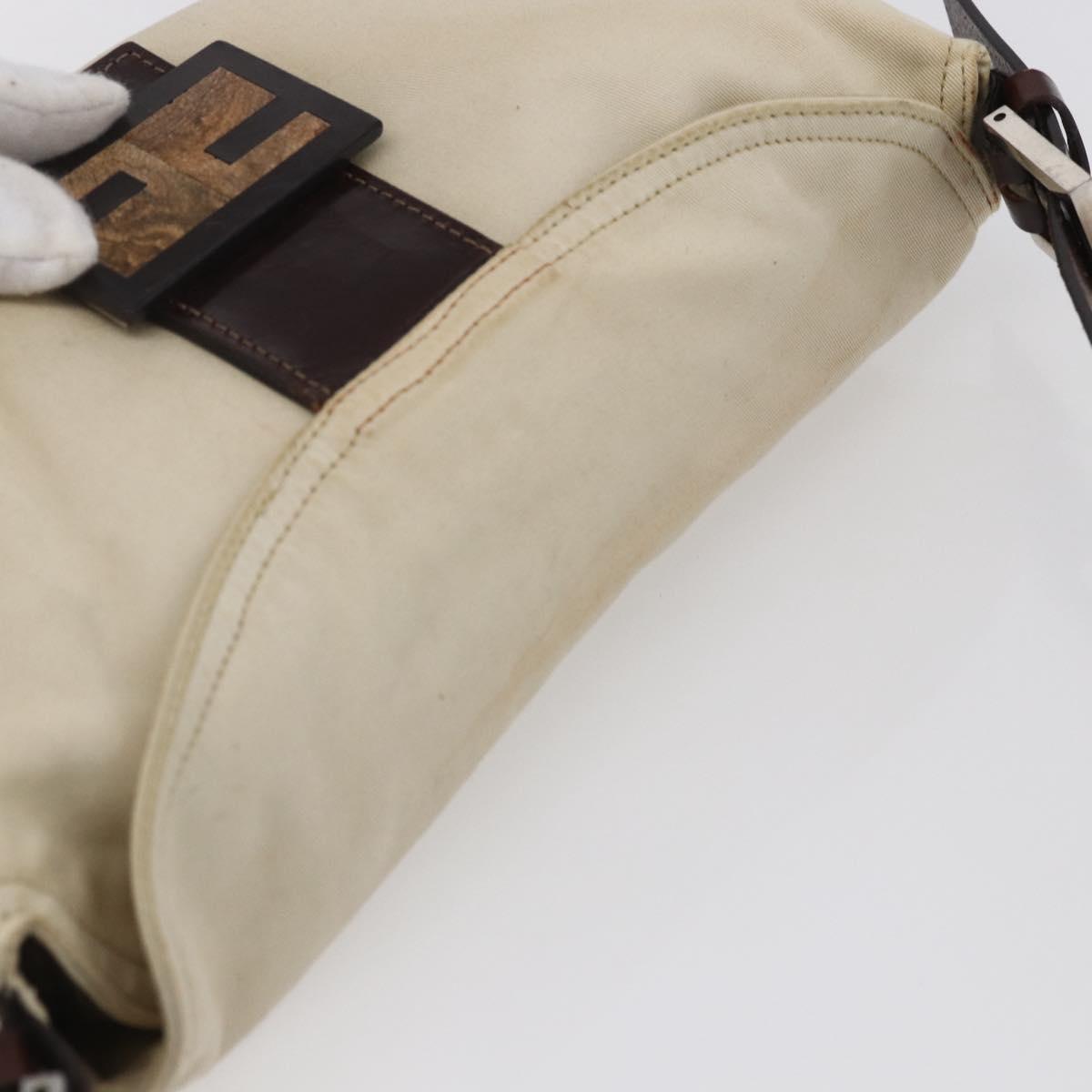FENDI Mamma Baguette Shoulder Bag Canvas Leather Beige Silver Auth 154747