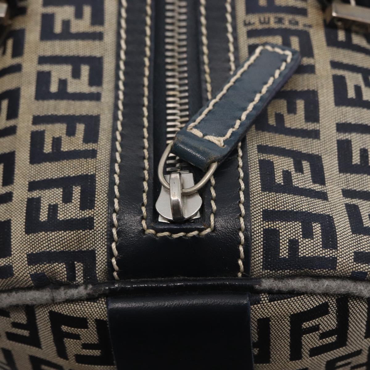 FENDI Zucchino Canvas Boston Bag Navy Silver Auth 154748