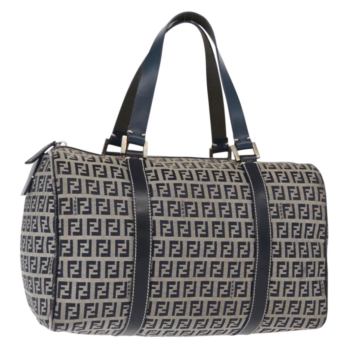 FENDI Zucchino Canvas Boston Bag Navy Silver Auth 154748