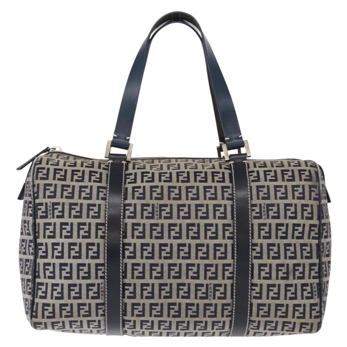 FENDI Zucchino Canvas Boston Bag Navy Silver Auth 154748