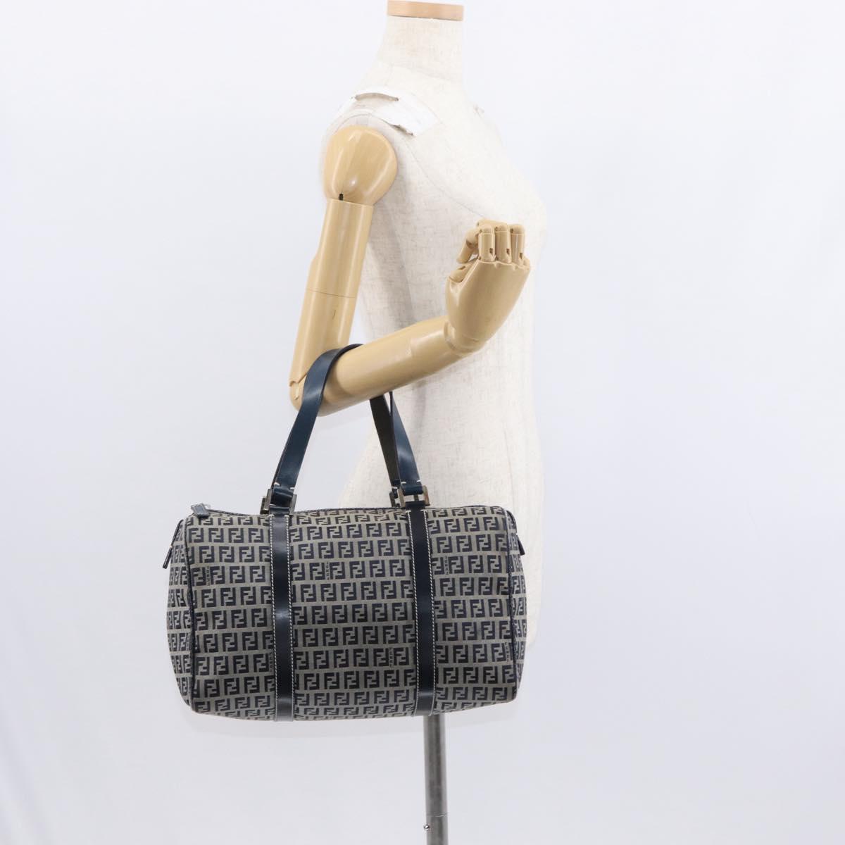 FENDI Zucchino Canvas Boston Bag Navy Silver Auth 154748