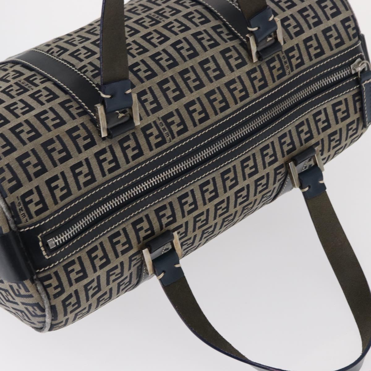 FENDI Zucchino Canvas Boston Bag Navy Silver Auth 154748