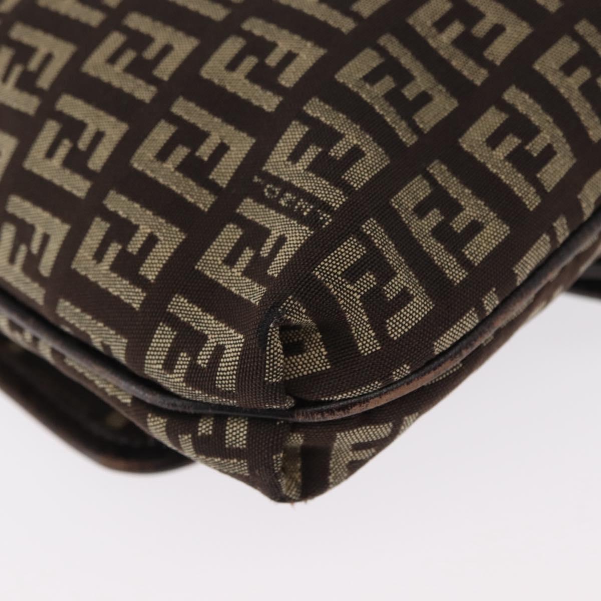 FENDI Zucchino Canvas Shoulder Bag Brown Silver Auth 154749