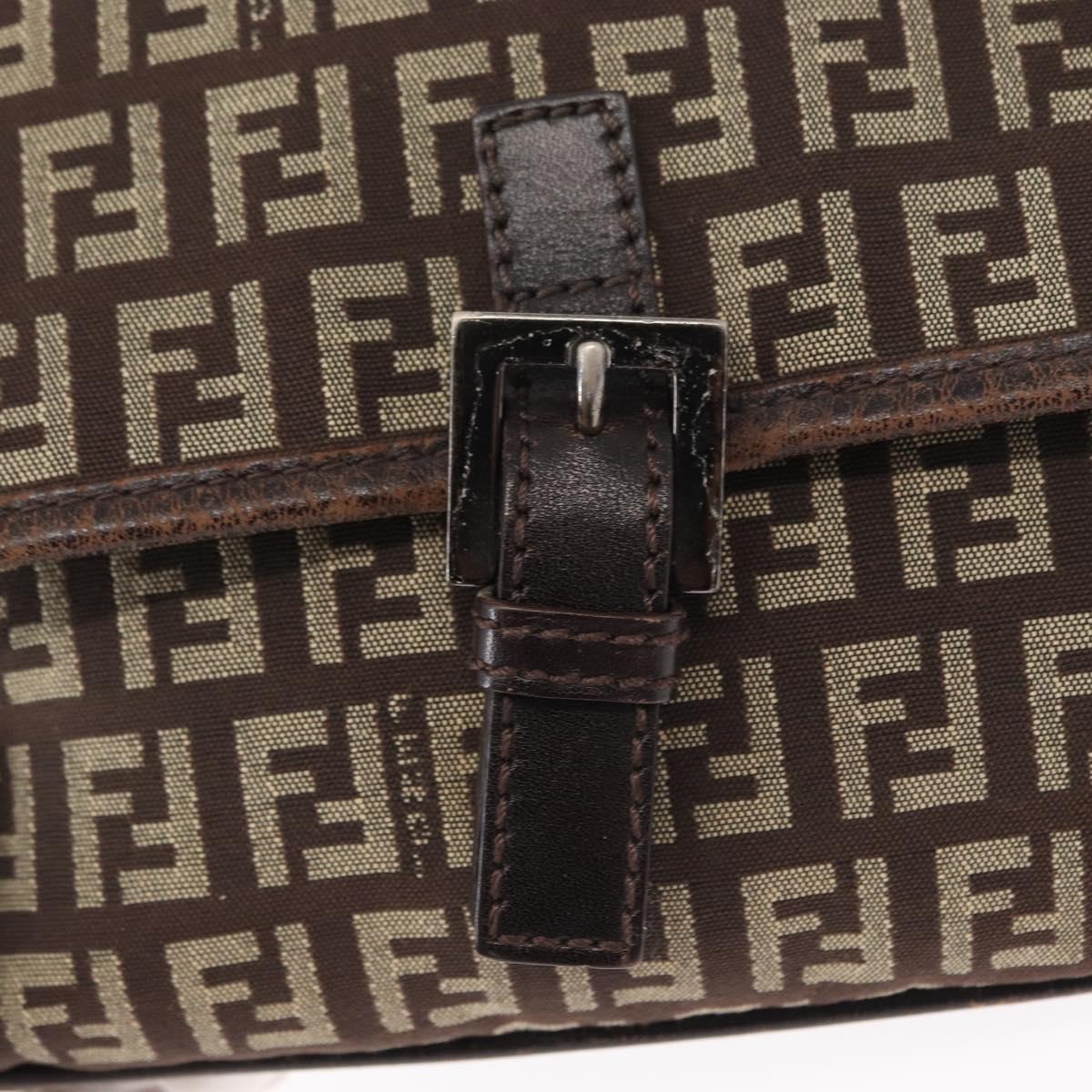 FENDI Zucchino Canvas Shoulder Bag Brown Silver Auth 154749