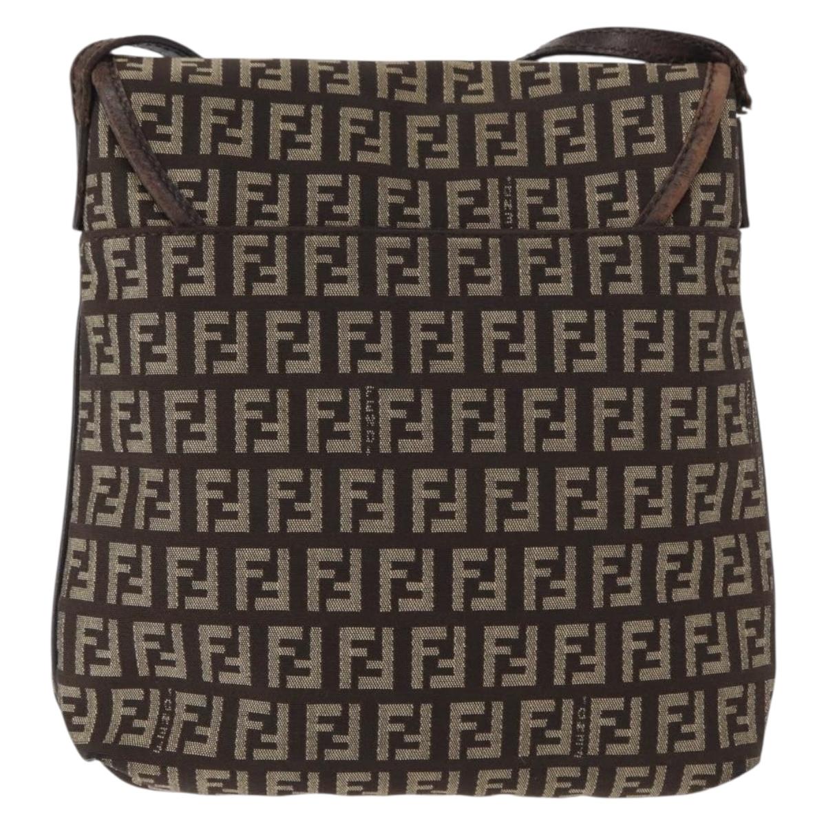 FENDI Zucchino Canvas Shoulder Bag Brown Silver Auth 154749