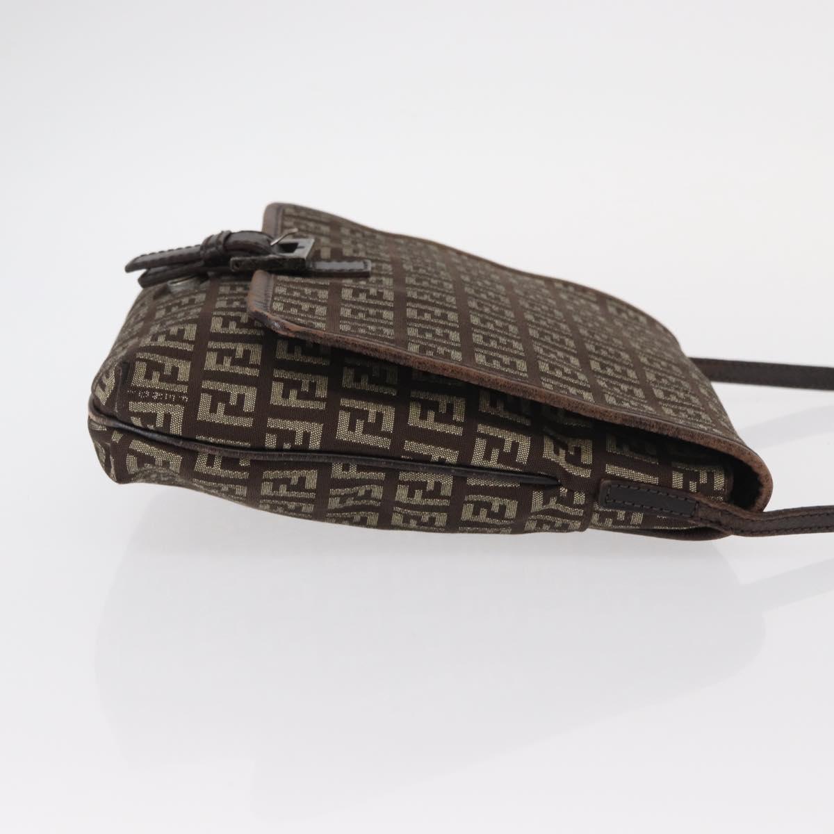 FENDI Zucchino Canvas Shoulder Bag Brown Silver Auth 154749
