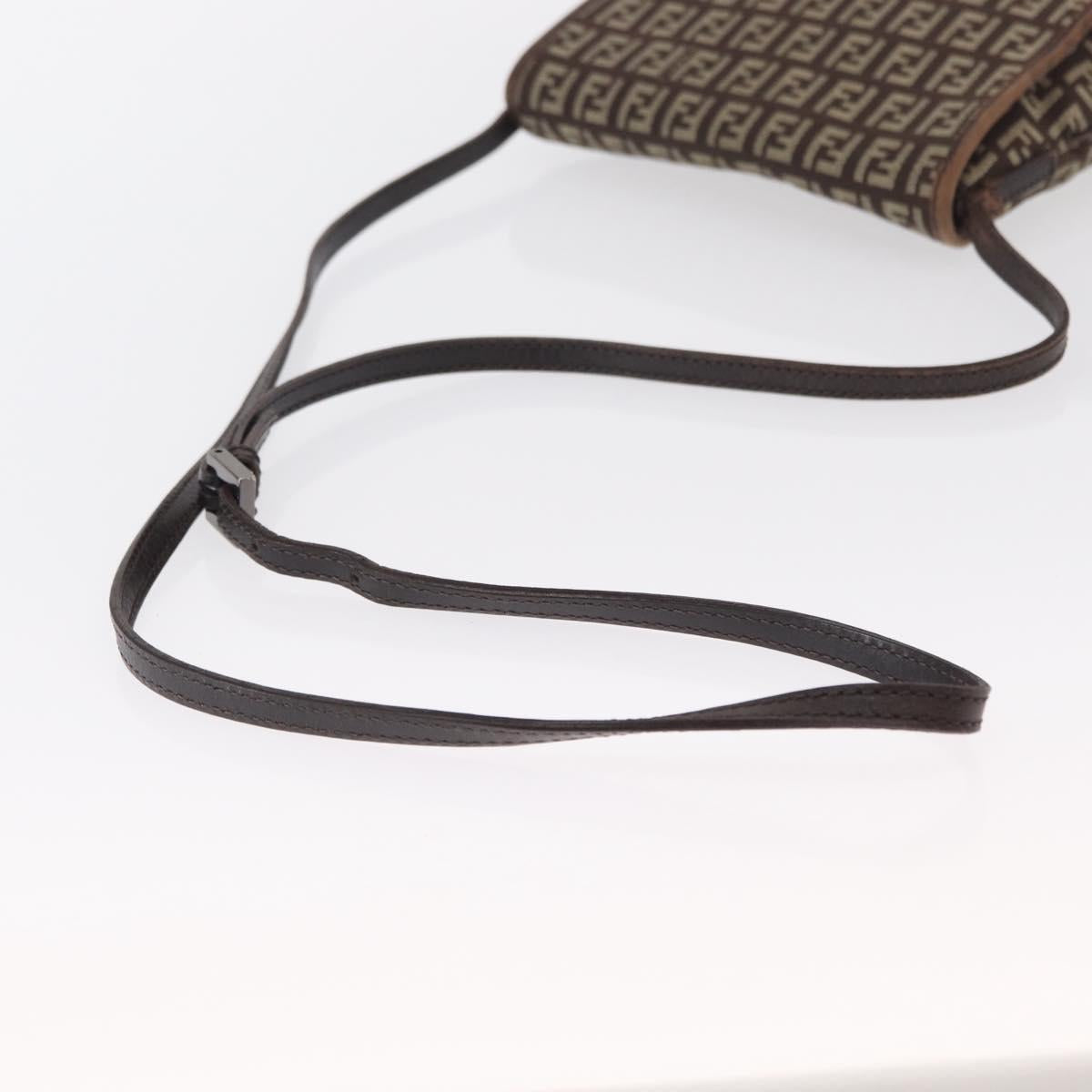 FENDI Zucchino Canvas Shoulder Bag Brown Silver Auth 154749