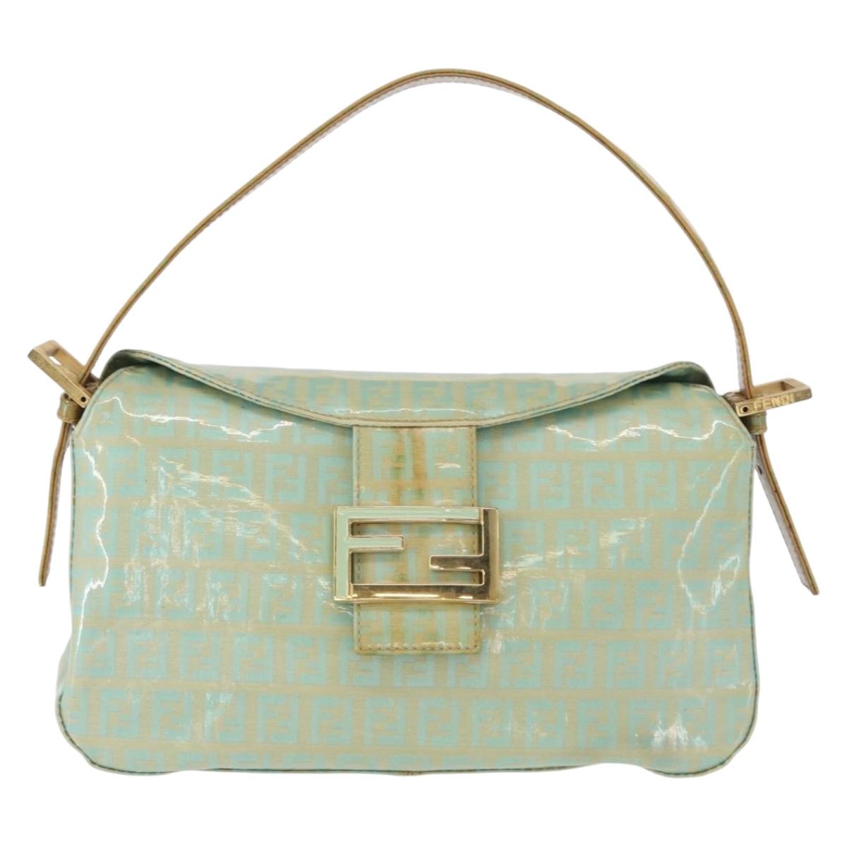 FENDI Zucchino Canvas Mamma Baguette Bag PVC Gold Light Green Auth 154750