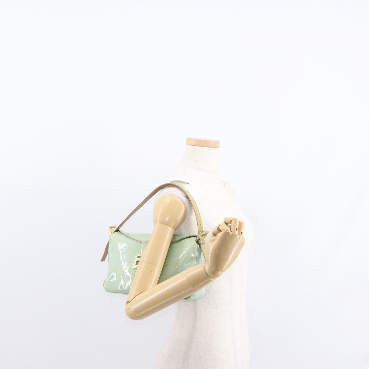 FENDI Zucchino Canvas Mamma Baguette Bag PVC Gold Light Green Auth 154750