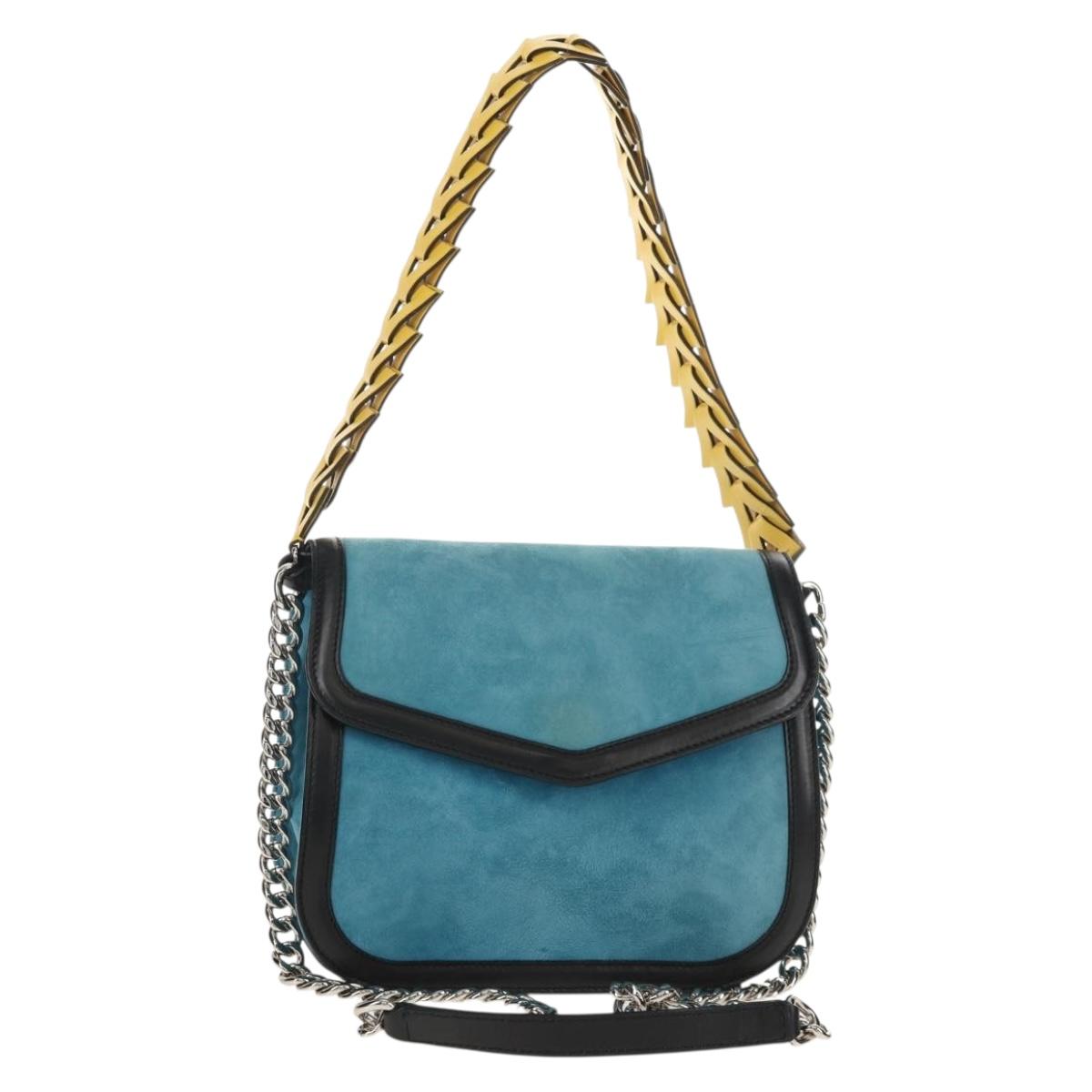 LOEWE V Anagram Chain Shoulder Bag Suede Leather 2way Blue Silver Auth 154755V