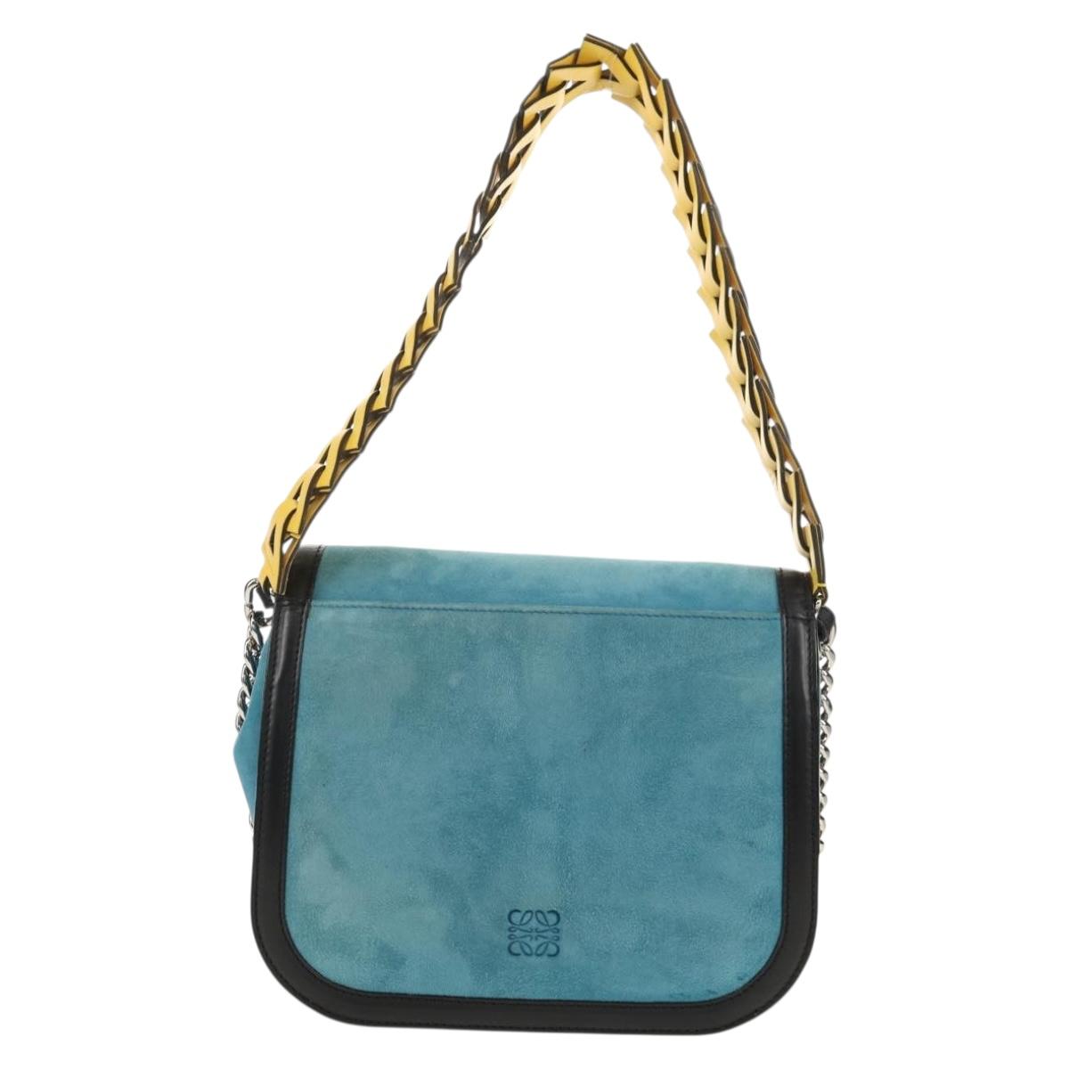 LOEWE V Anagram Chain Shoulder Bag Suede Leather 2way Blue Silver Auth 154755V