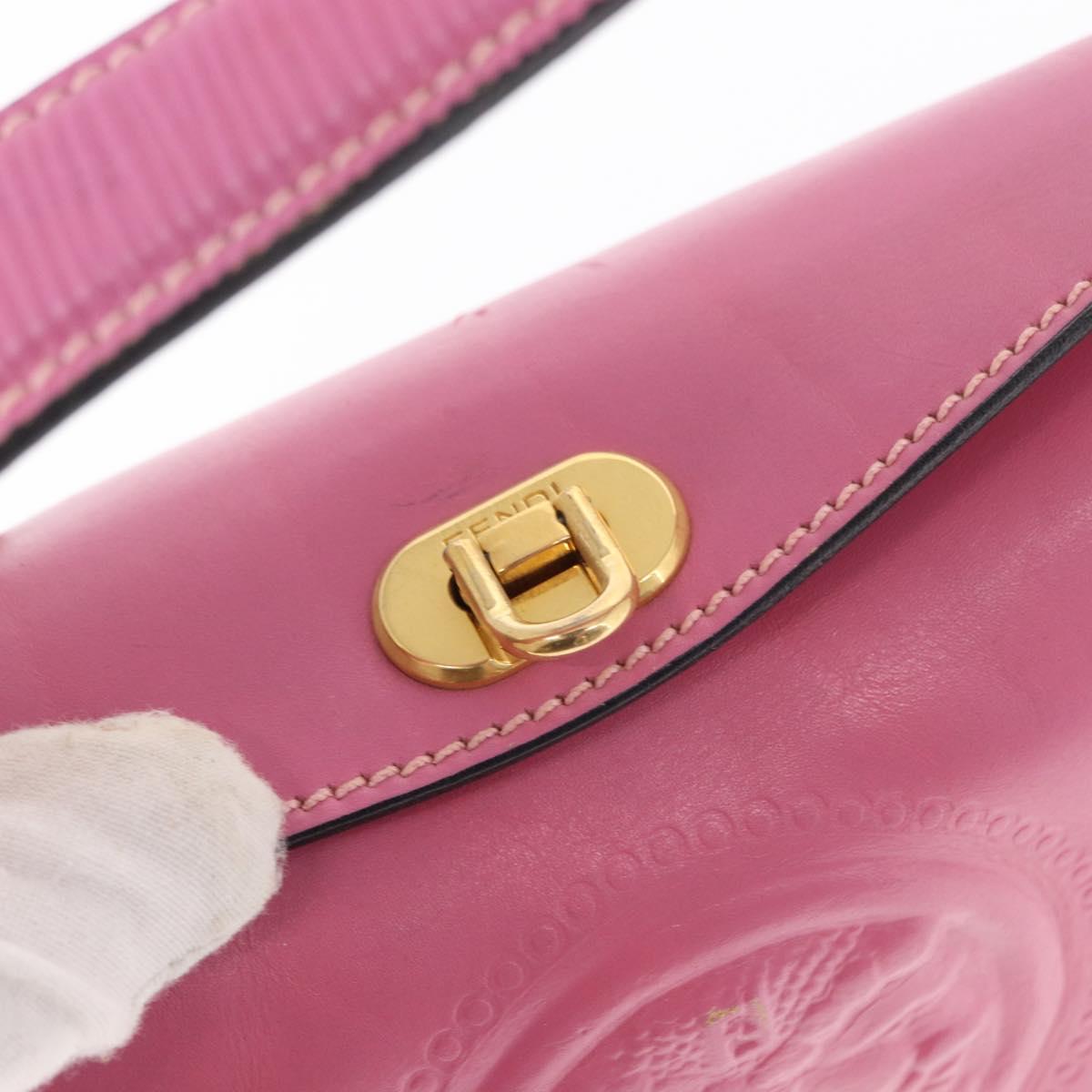 FENDI Greek Motif Hand Bag Leather Pink Gold Auth 154757