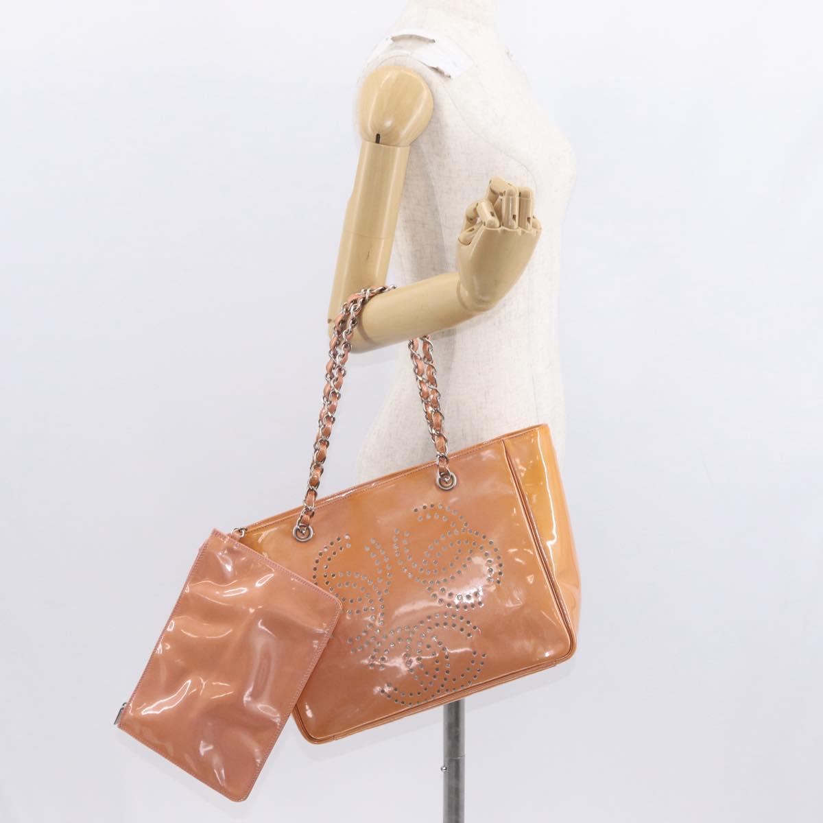 CHANEL Triple Coco Chain Tote Bag Patent leather Pink Silver CC Auth 154762