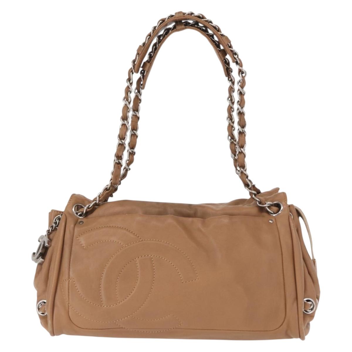 CHANEL COCO Mark Chain Shoulder Bag Lamb Skin Beige Silver CC Auth 154764