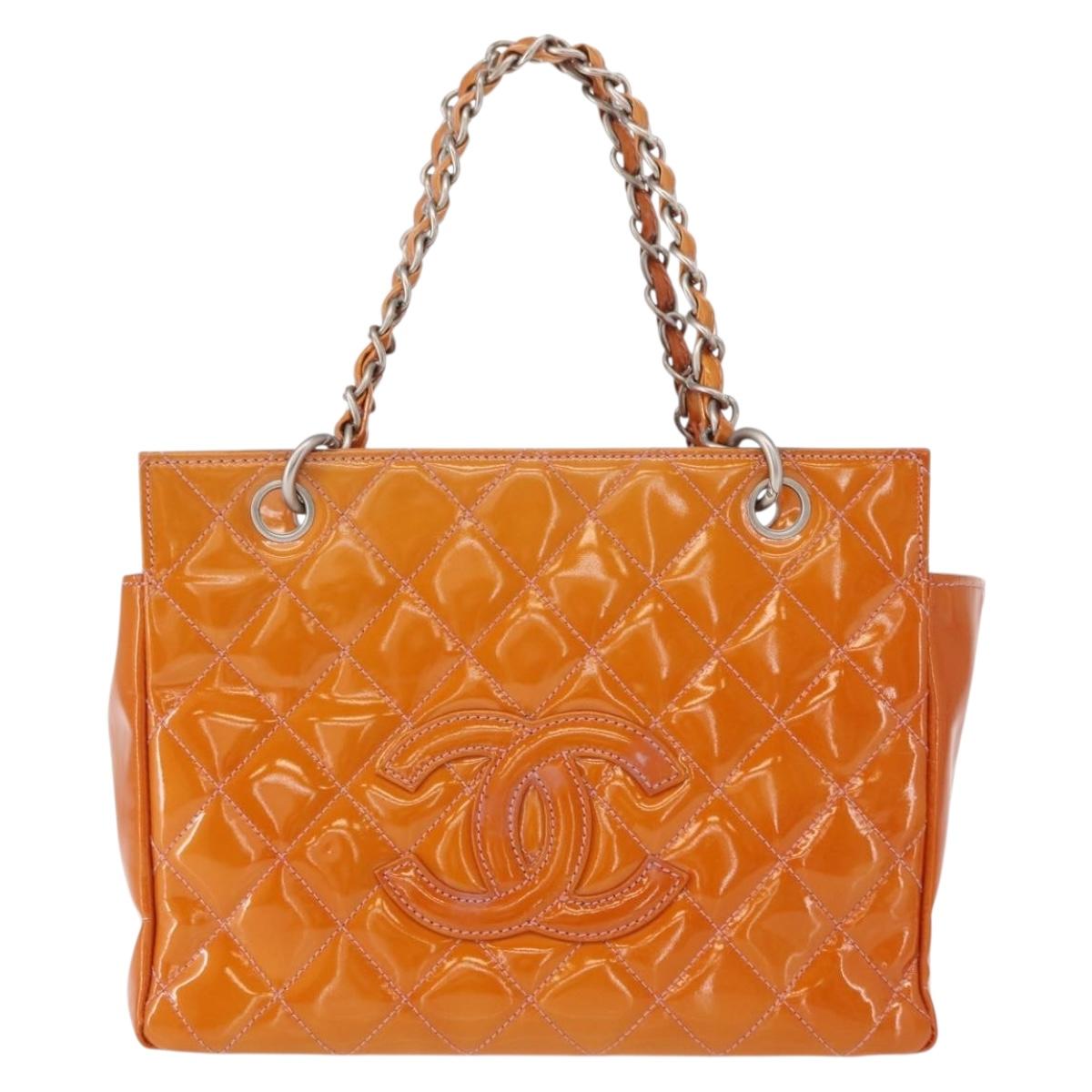 CHANEL Matelasse COCO Mark Chain Bag Patent Leather Orange Silver CC Auth 154766