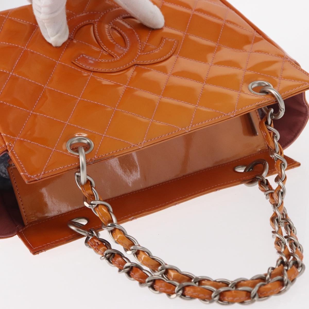 CHANEL Matelasse COCO Mark Chain Bag Patent Leather Orange Silver CC Auth 154766