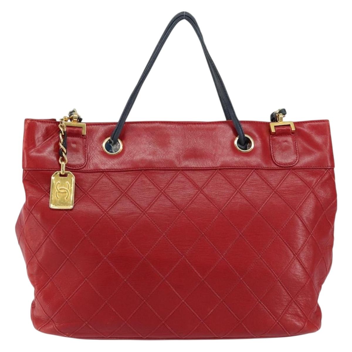 CHANEL Bicolore Chain Shoulder Bag Lamb Skin Red Gold CC Auth 154767