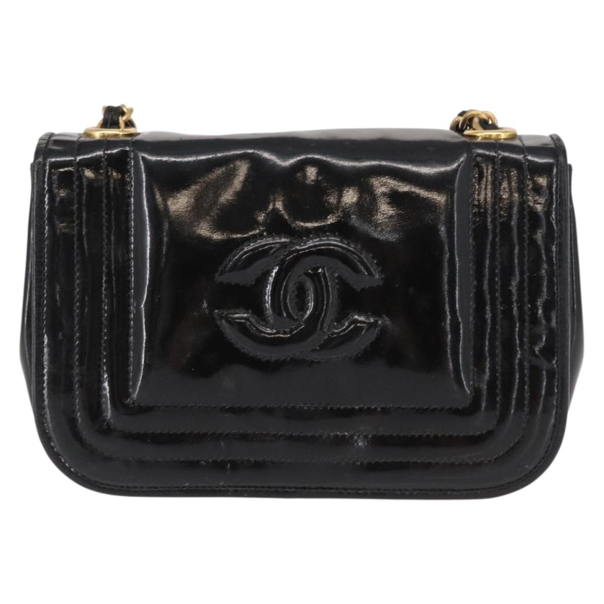CHANEL COCO Mark Chain Shoulder Bag Enamel Black Gold CC Auth 154768