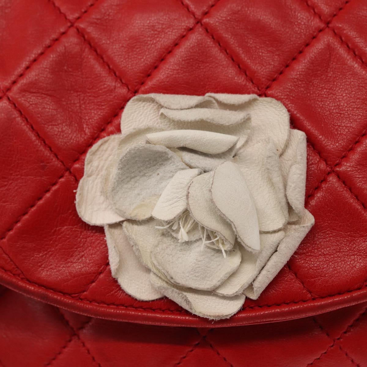 CHANEL Matelasse Camellia Chain Shoulder Bag Lamb Skin Red Gold CC Auth 154769
