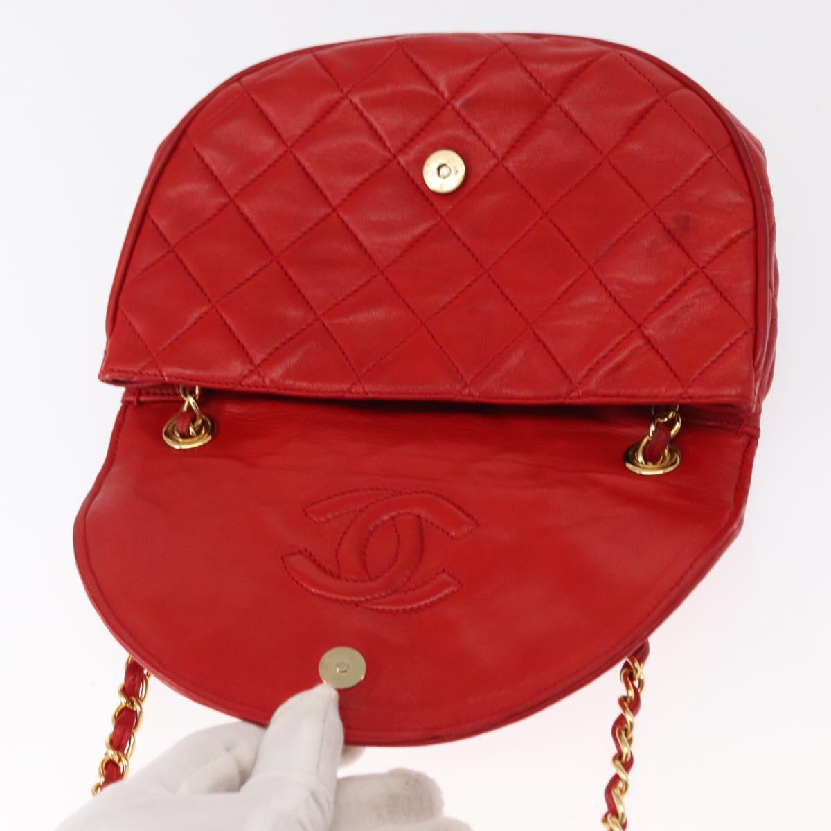 CHANEL Matelasse Camellia Chain Shoulder Bag Lamb Skin Red Gold CC Auth 154769