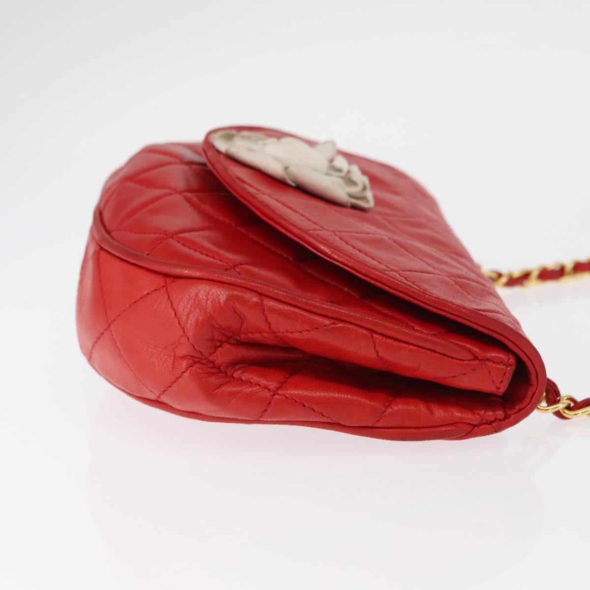 CHANEL Matelasse Camellia Chain Shoulder Bag Lamb Skin Red Gold CC Auth 154769