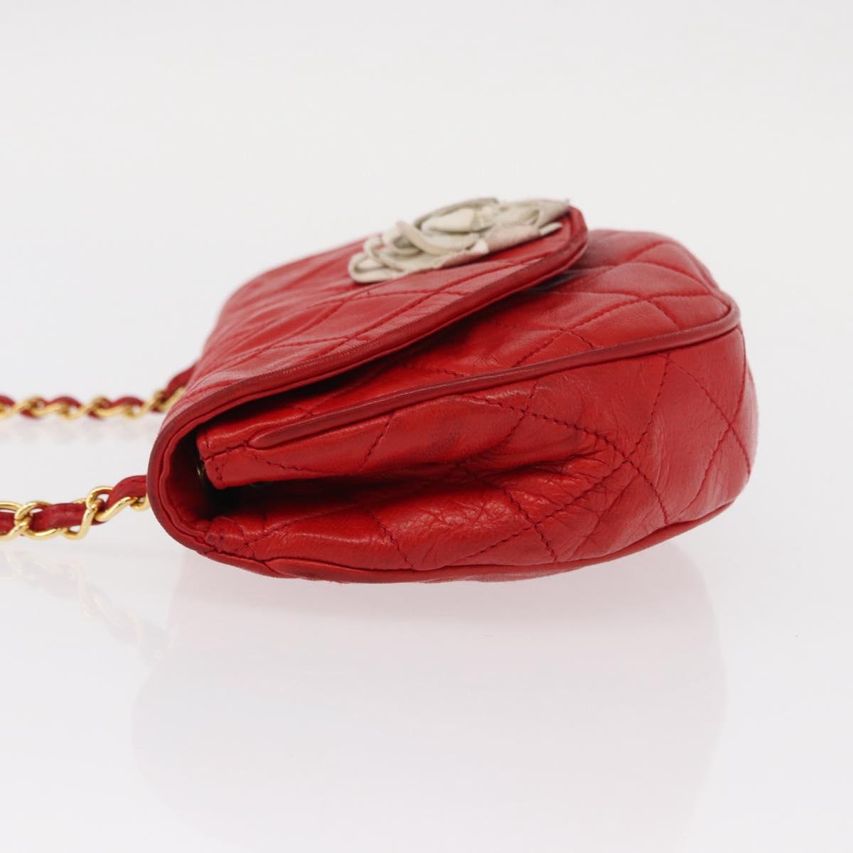 CHANEL Matelasse Camellia Chain Shoulder Bag Lamb Skin Red Gold CC Auth 154769