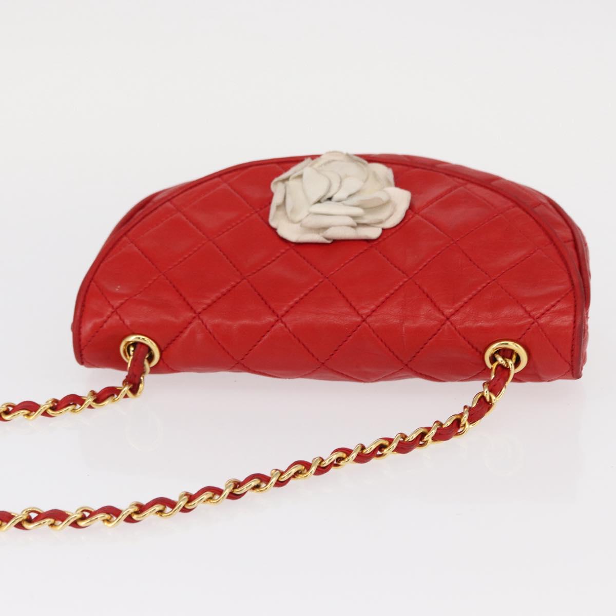 CHANEL Matelasse Camellia Chain Shoulder Bag Lamb Skin Red Gold CC Auth 154769