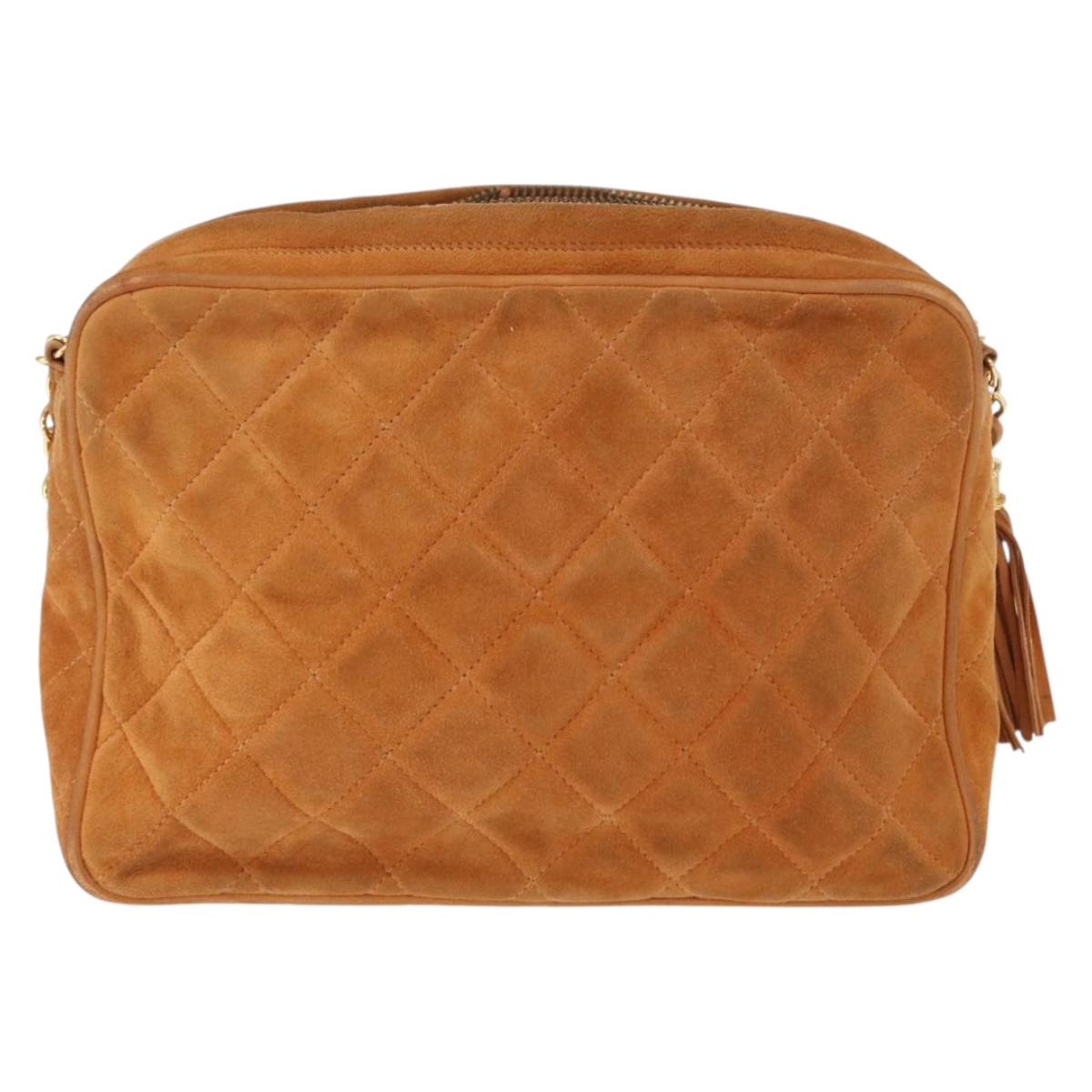 CHANEL Matelasse Chain Shoulder Bag Suede Beige gold CC Auth 154770