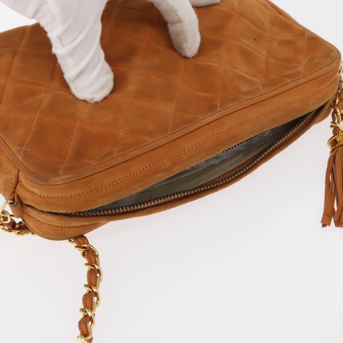 CHANEL Matelasse Chain Shoulder Bag Suede Beige gold CC Auth 154770