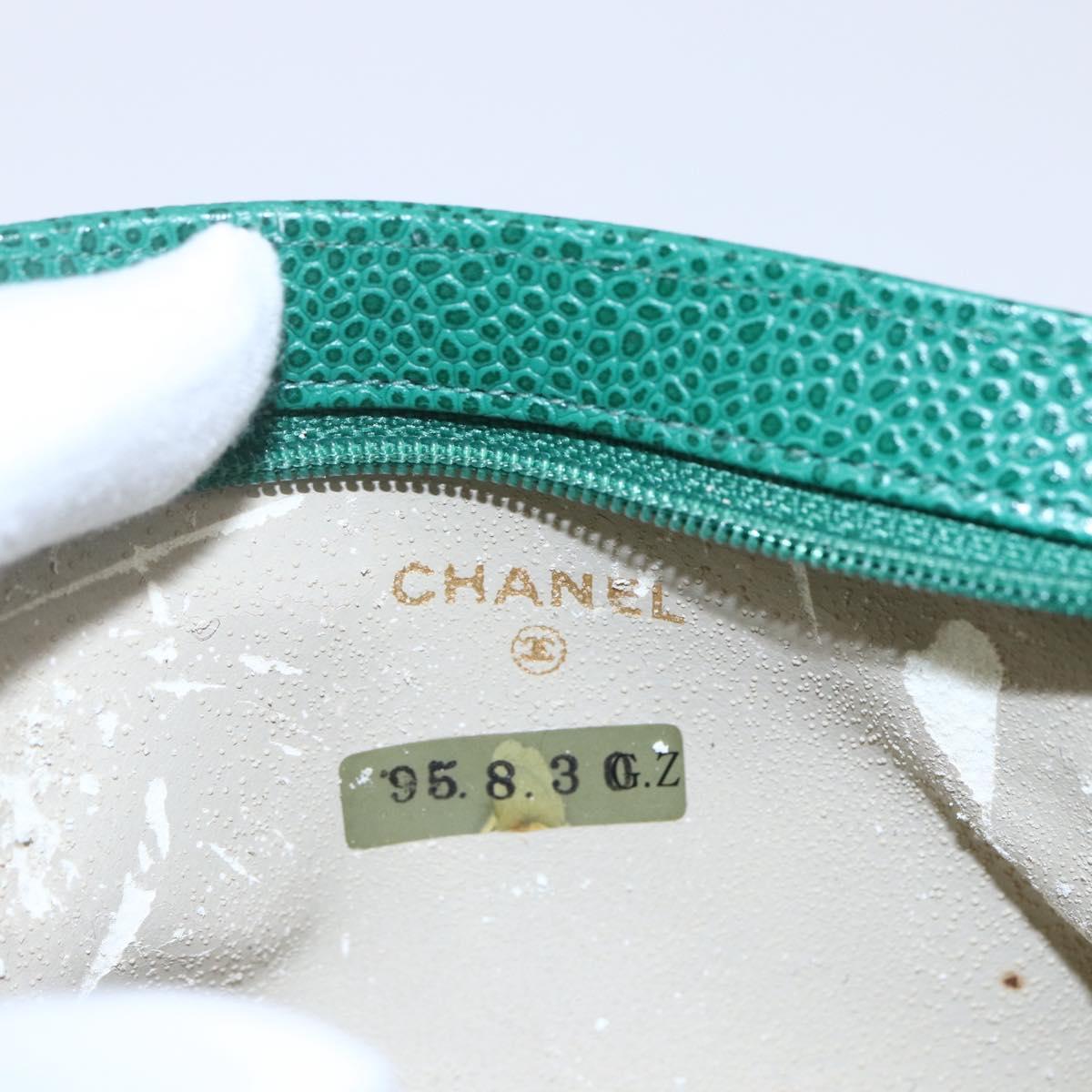 CHANEL COCO Mark Pouch Caviar Skin Green Gold CC Auth 154903