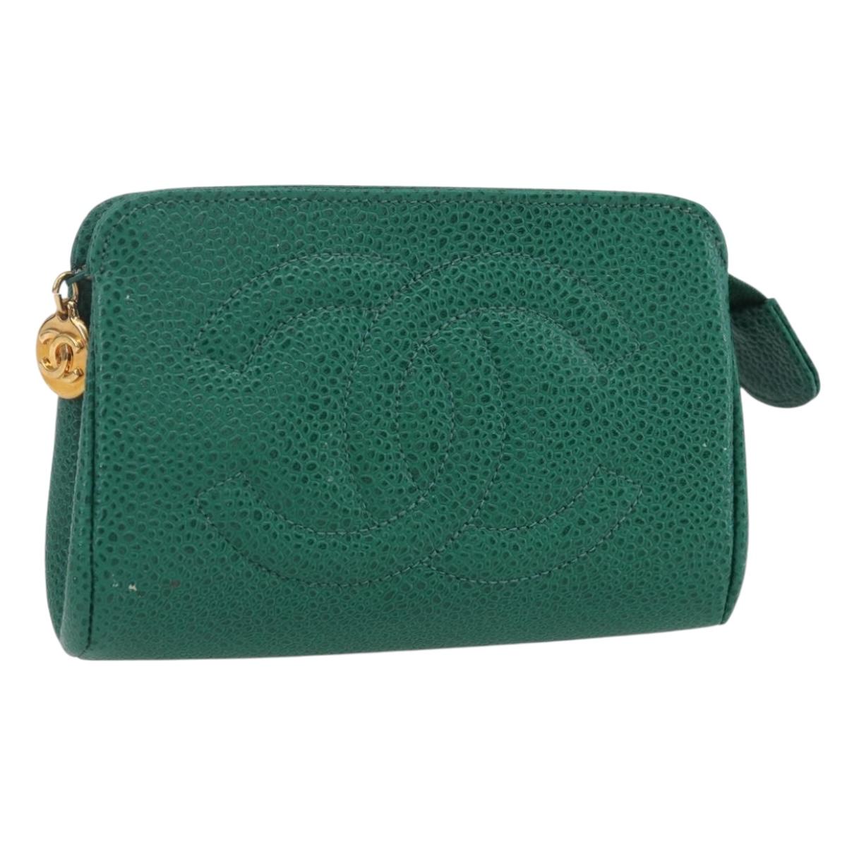 CHANEL COCO Mark Pouch Caviar Skin Green Gold CC Auth 154903