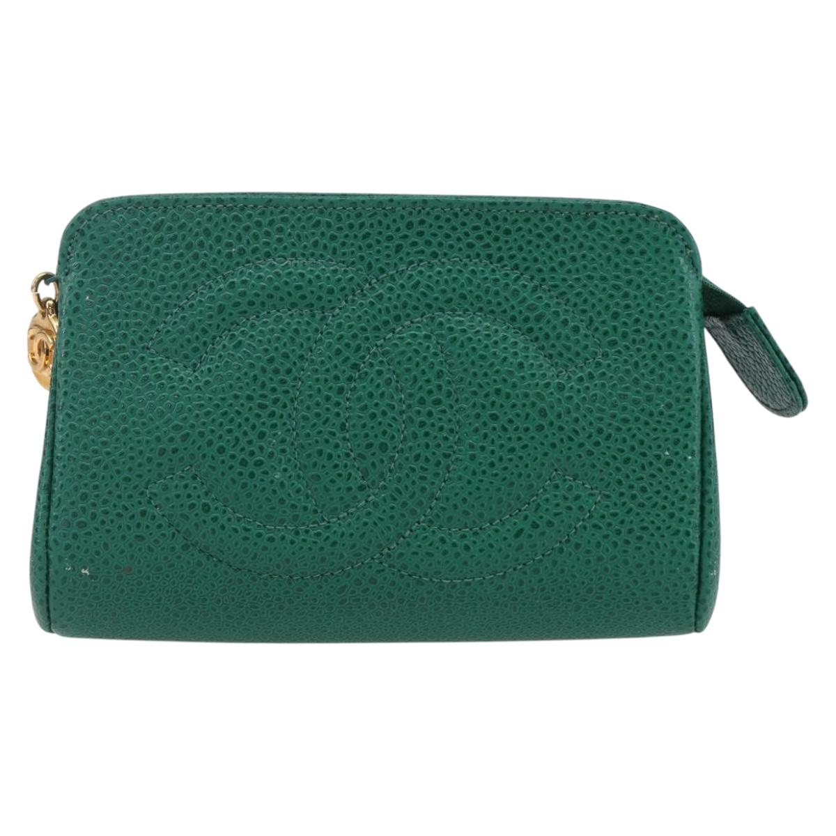 CHANEL COCO Mark Pouch Caviar Skin Green Gold CC Auth 154903