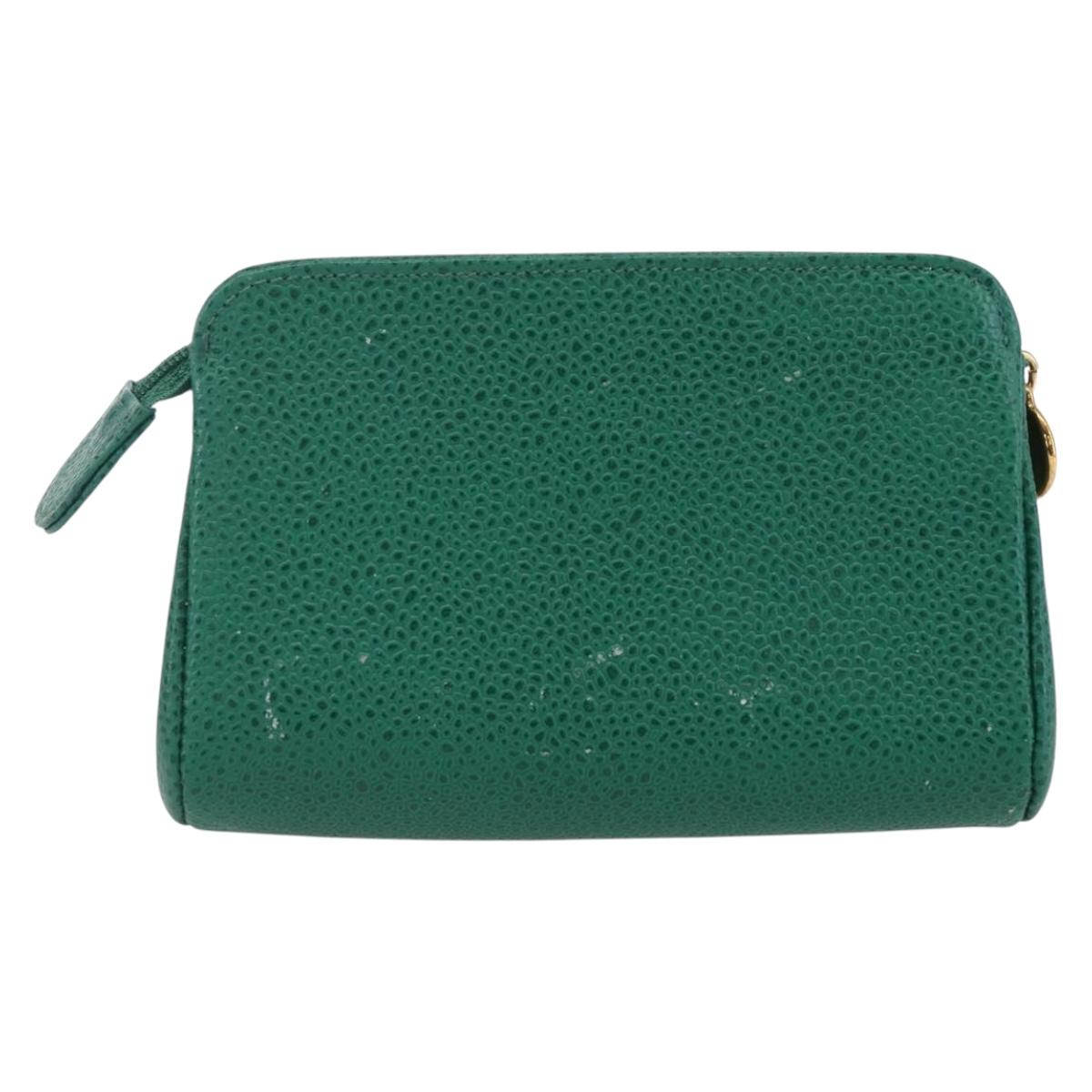 CHANEL COCO Mark Pouch Caviar Skin Green Gold CC Auth 154903