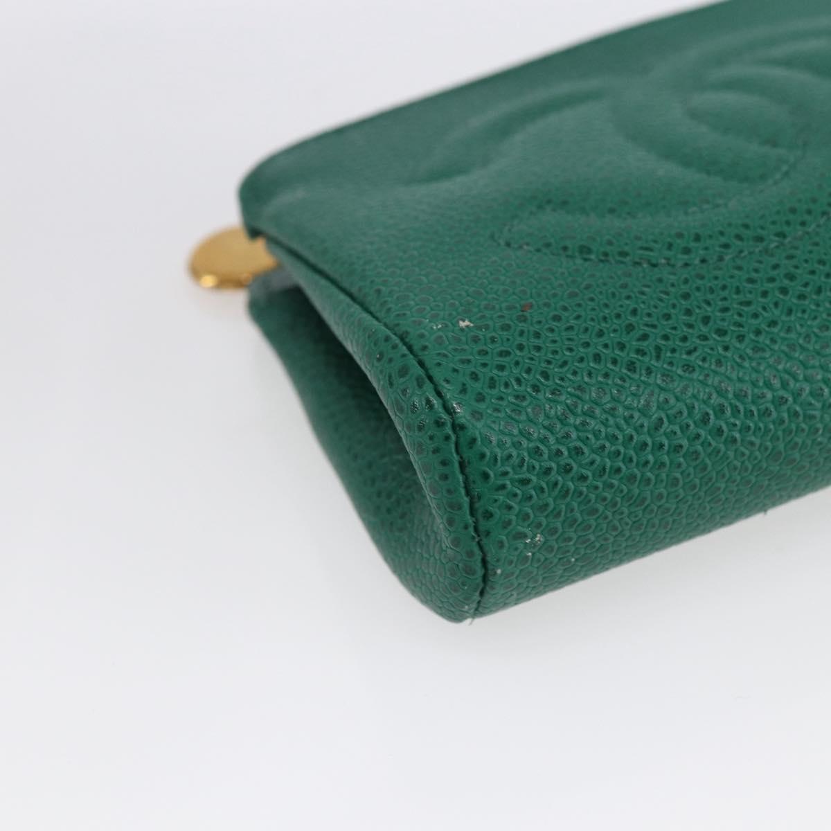 CHANEL COCO Mark Pouch Caviar Skin Green Gold CC Auth 154903