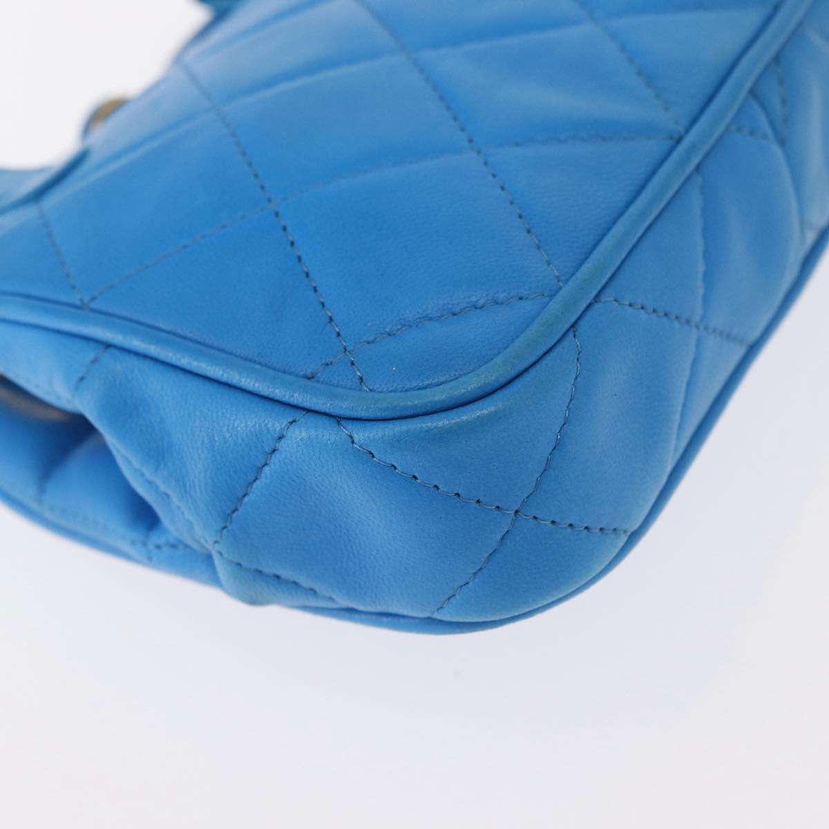 CHANEL Matelasse COCO Mark Pouch Lamb Skin Blue Gold CC Auth 154906