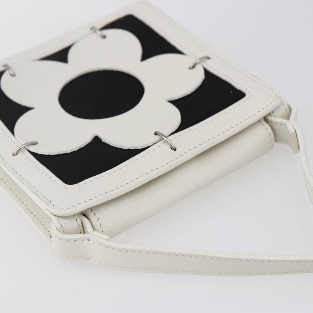 CELINE Flower Shoulder Pouch Leather White Silver Auth 154908