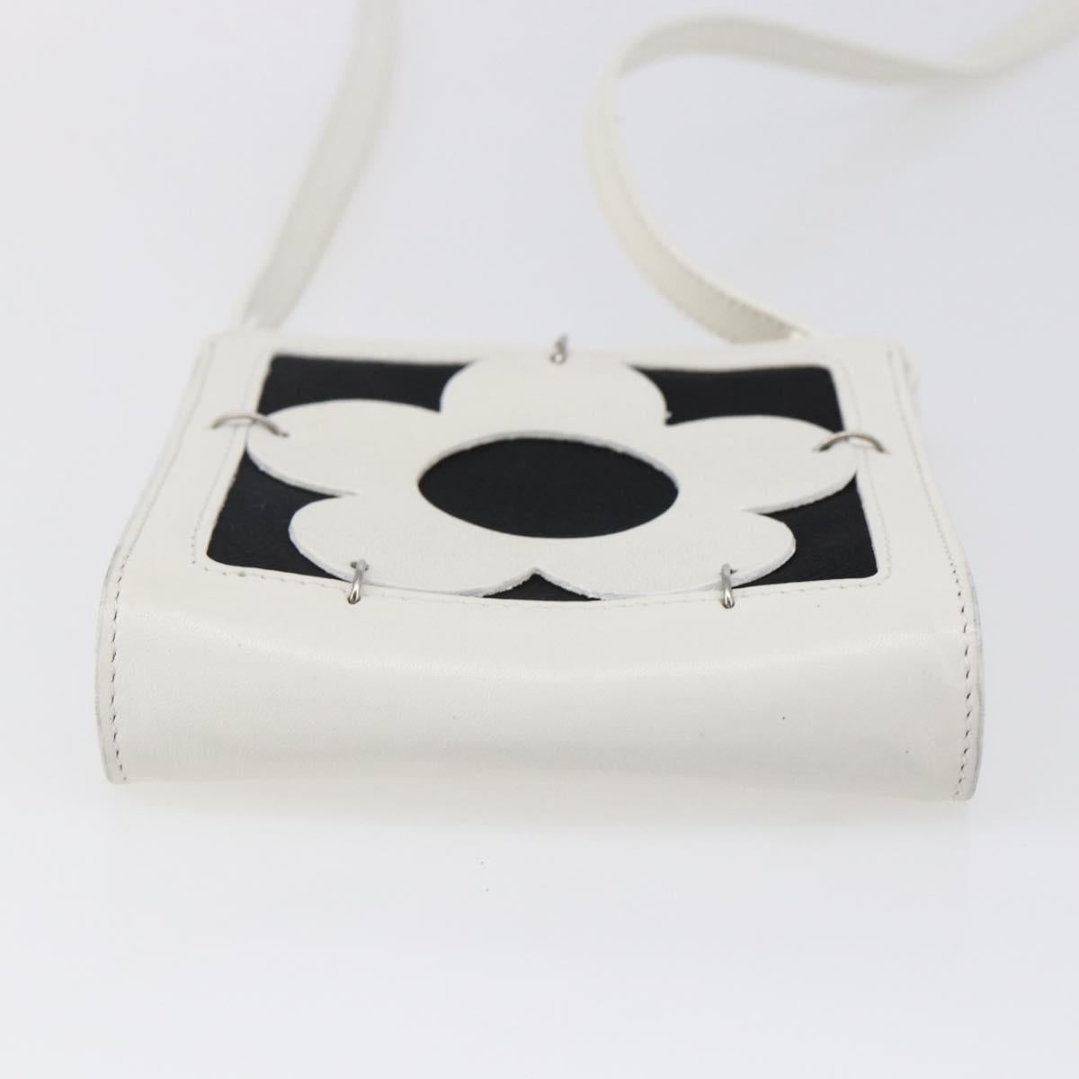 CELINE Flower Shoulder Pouch Leather White Silver Auth 154908