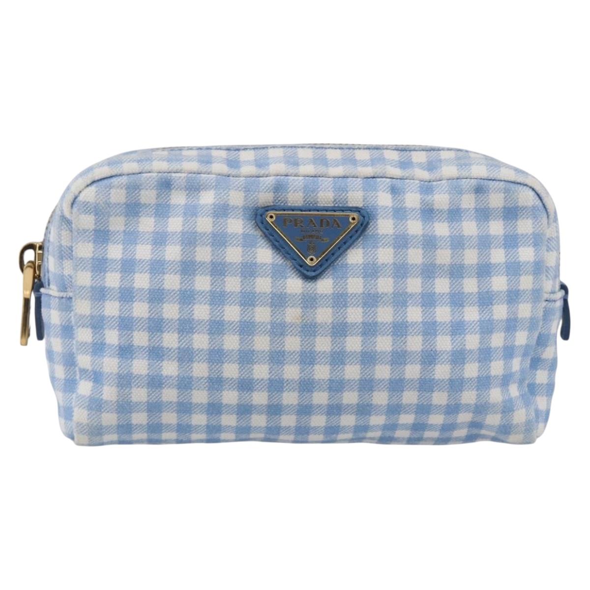 PRADA Pouch Canvas Light Blue Gold Auth 154909