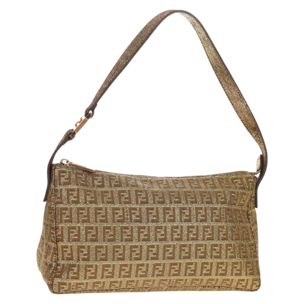 FENDI Zucchino Canvas Shoulder Bag Gold Auth 154915SAM